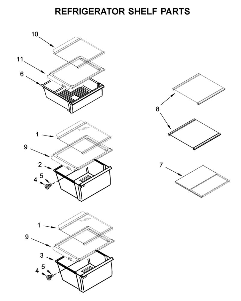 Refrigerator Shelf Parts Diagram and Parts List for WRS555SIHB03  Whirlpool Refrigerator