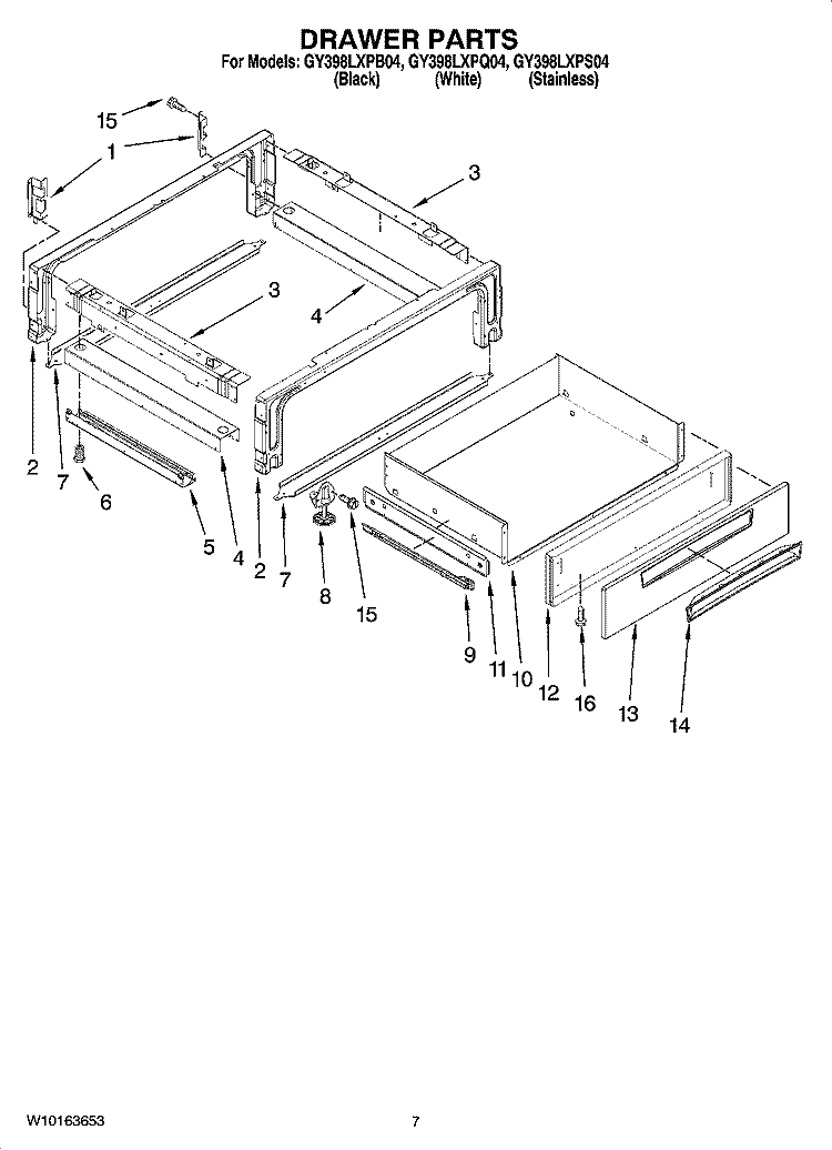 DRAWER PARTS Diagram and Parts List for GY398LXPQ04  Whirlpool Range