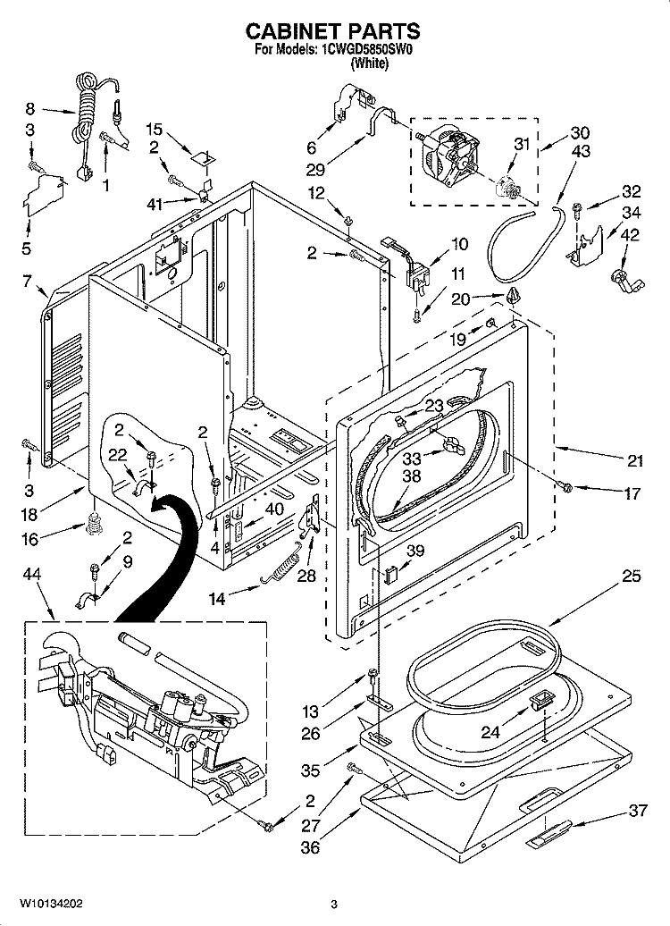 CABINET PARTS Diagram and Parts List for 1CWGD5850SW0  Whirlpool Dryer