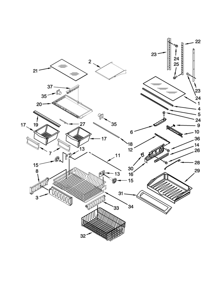 Shelf Parts Diagram and Parts List for 5VGF25SNEA00  Whirlpool Refrigerator