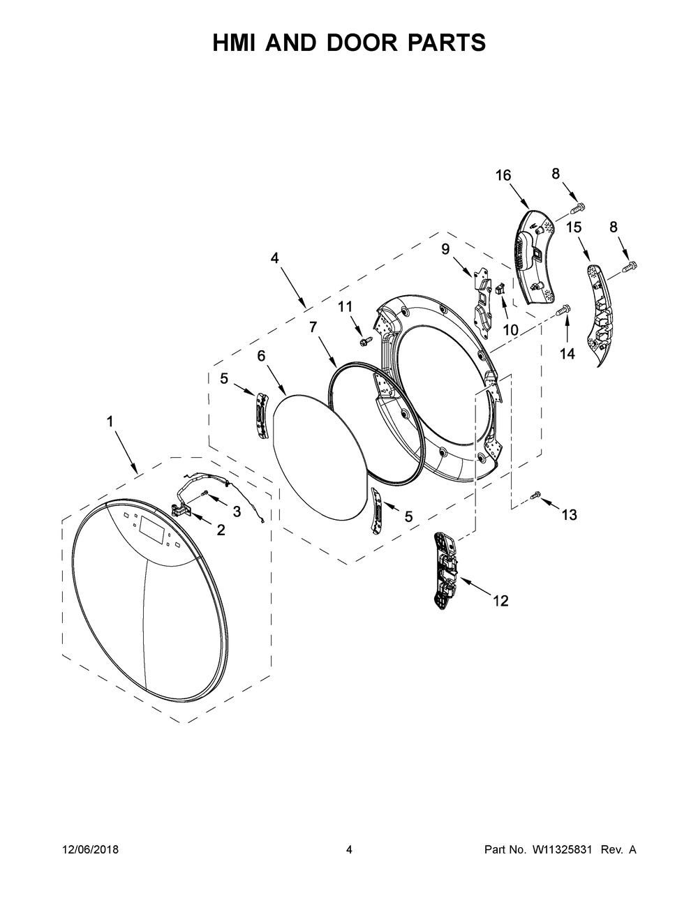 Hmi And Door Parts Diagram and Parts List for YWED9620HC0  Whirlpool Dryer