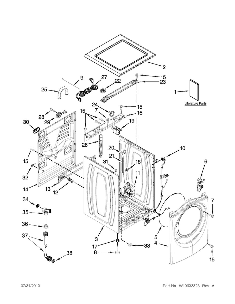 Top And Cabinet Parts Diagram and Parts List for 7MWFW80HEBW0  Whirlpool Washer