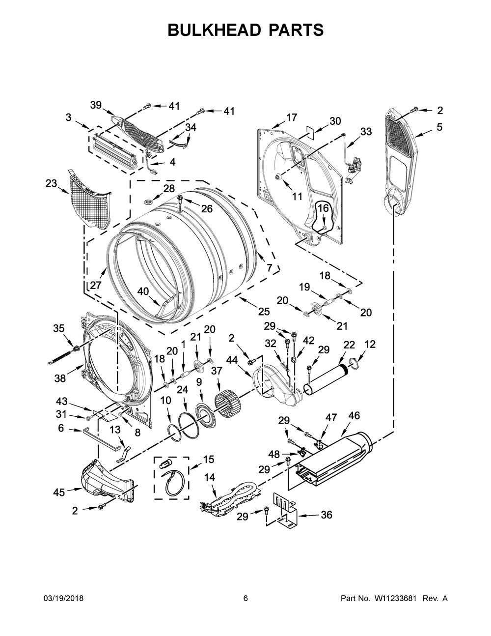 Bulkhead Parts Diagram and Parts List for WED90HEFC2  Whirlpool Dryer