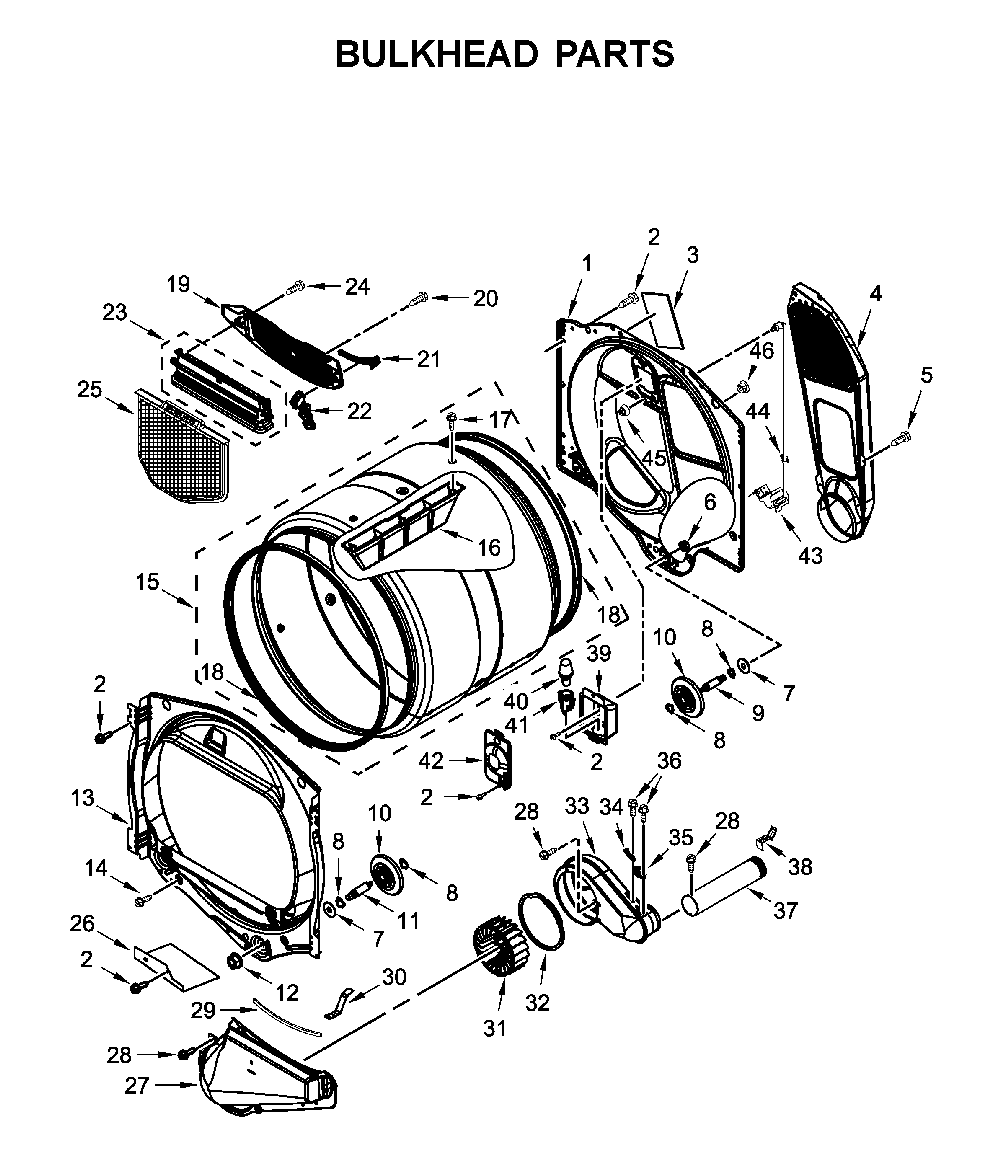 Bulkhead parts Diagram and Parts List for YWED7120HC0  Whirlpool Dryer