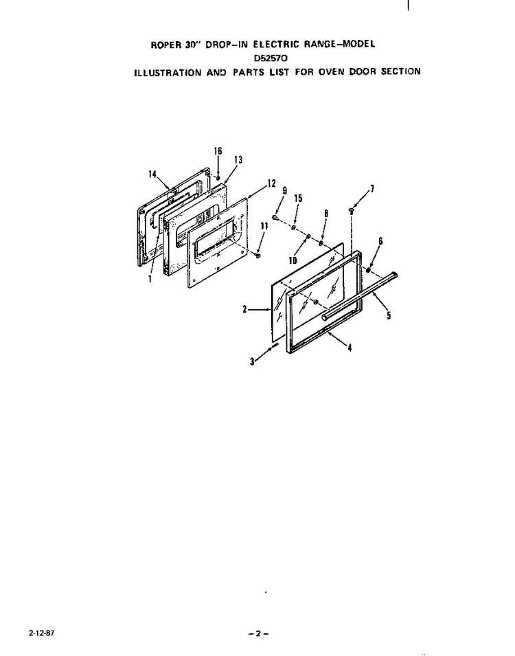Oven Door Diagram and Parts List for D5757*0  Roper Range