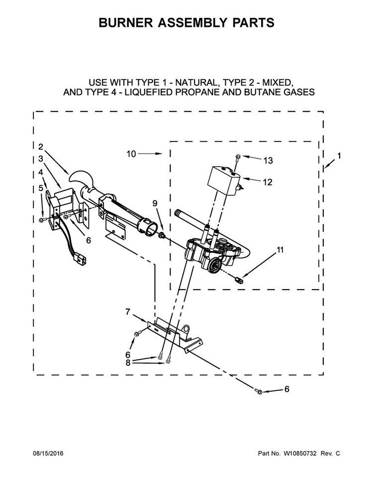 Burner Assembly Parts Diagram and Parts List for WGD4915EW1  Whirlpool Dryer