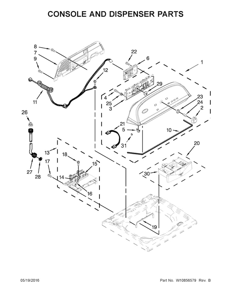 Console And Dispenser Parts Diagram and Parts List for 7MWTW5521BW1  Whirlpool Washer