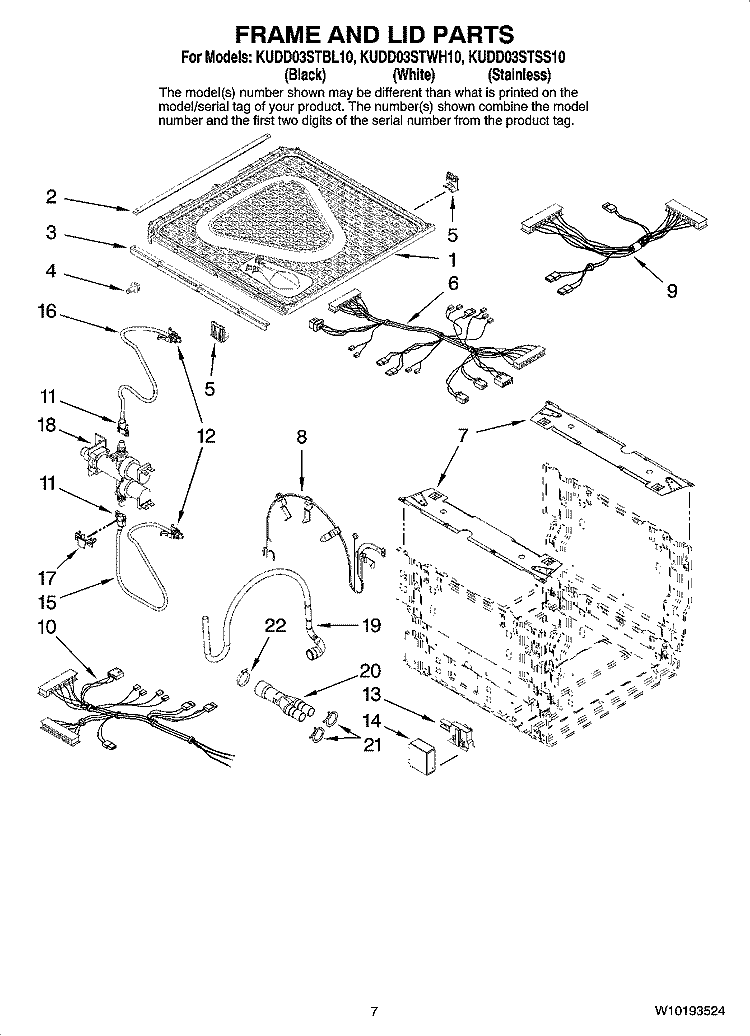 FRAME AND LID PARTS Diagram and Parts List for KUDD03STBL10  KitchenAid Dishwasher