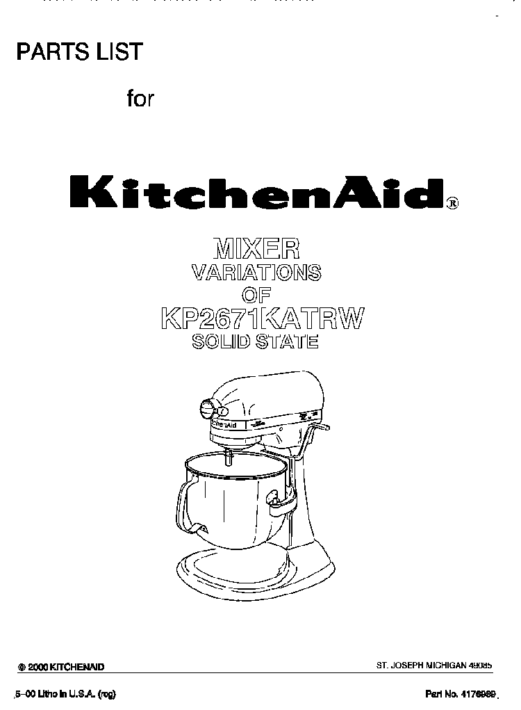 Cover Diagram and Parts List for KP2671KATRW  KitchenAid Mixer