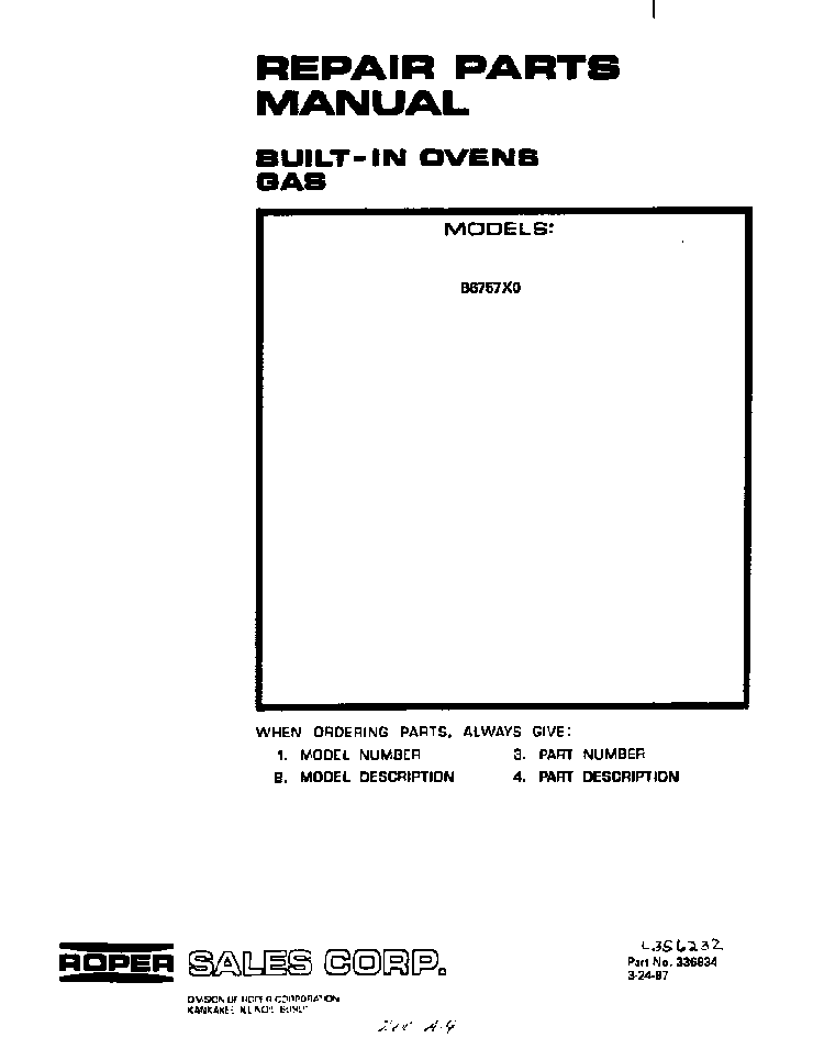Front Cover Diagram and Parts List for B6757*0  Roper Range