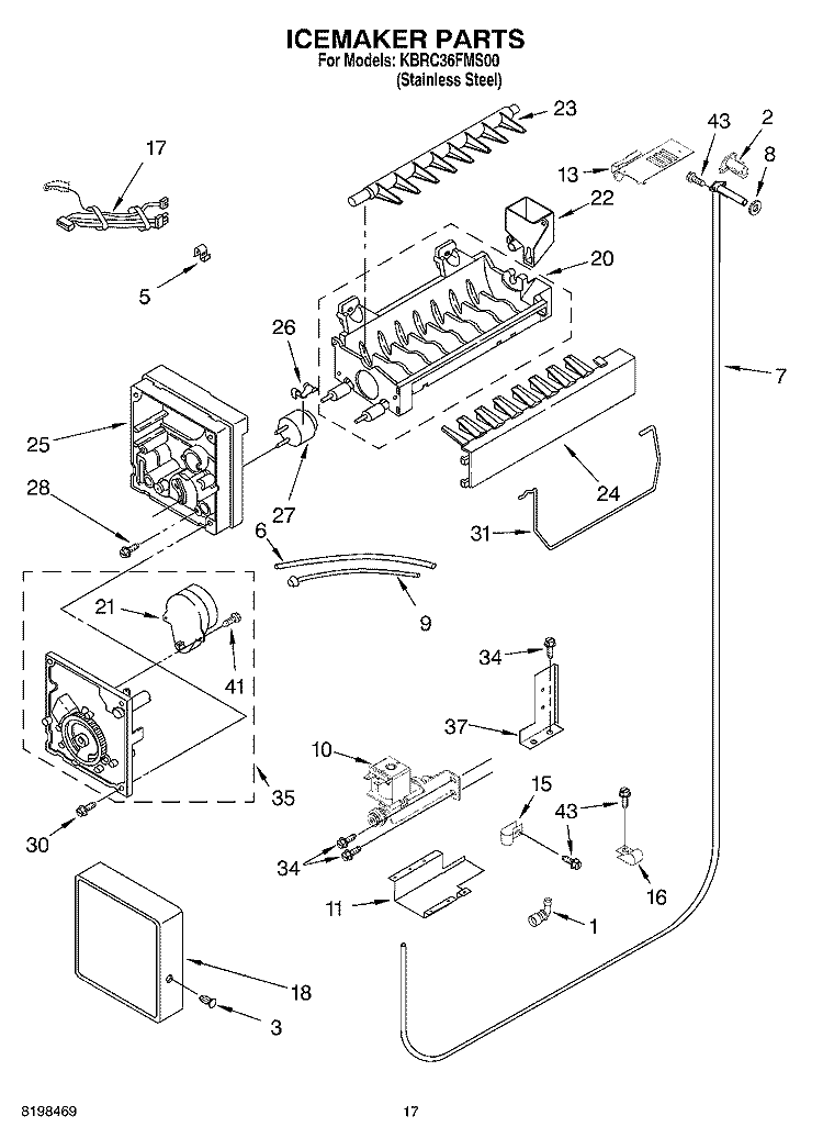 ICEMAKER PARTS Diagram and Parts List for KBRC36FMS00  KitchenAid Refrigerator