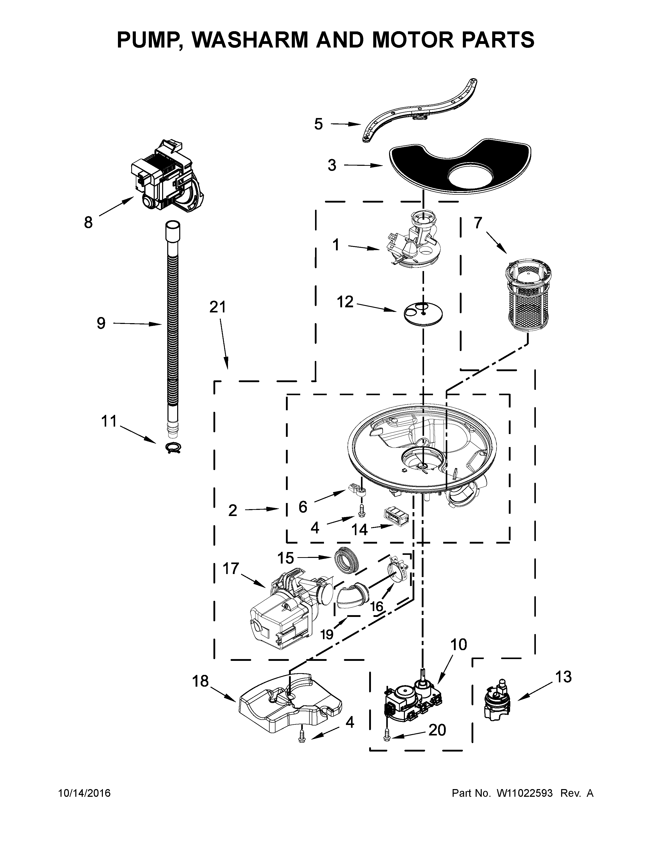 Pump, Washarm And Motor Parts Diagram and Parts List for 66513403N413  Kenmore Dishwasher