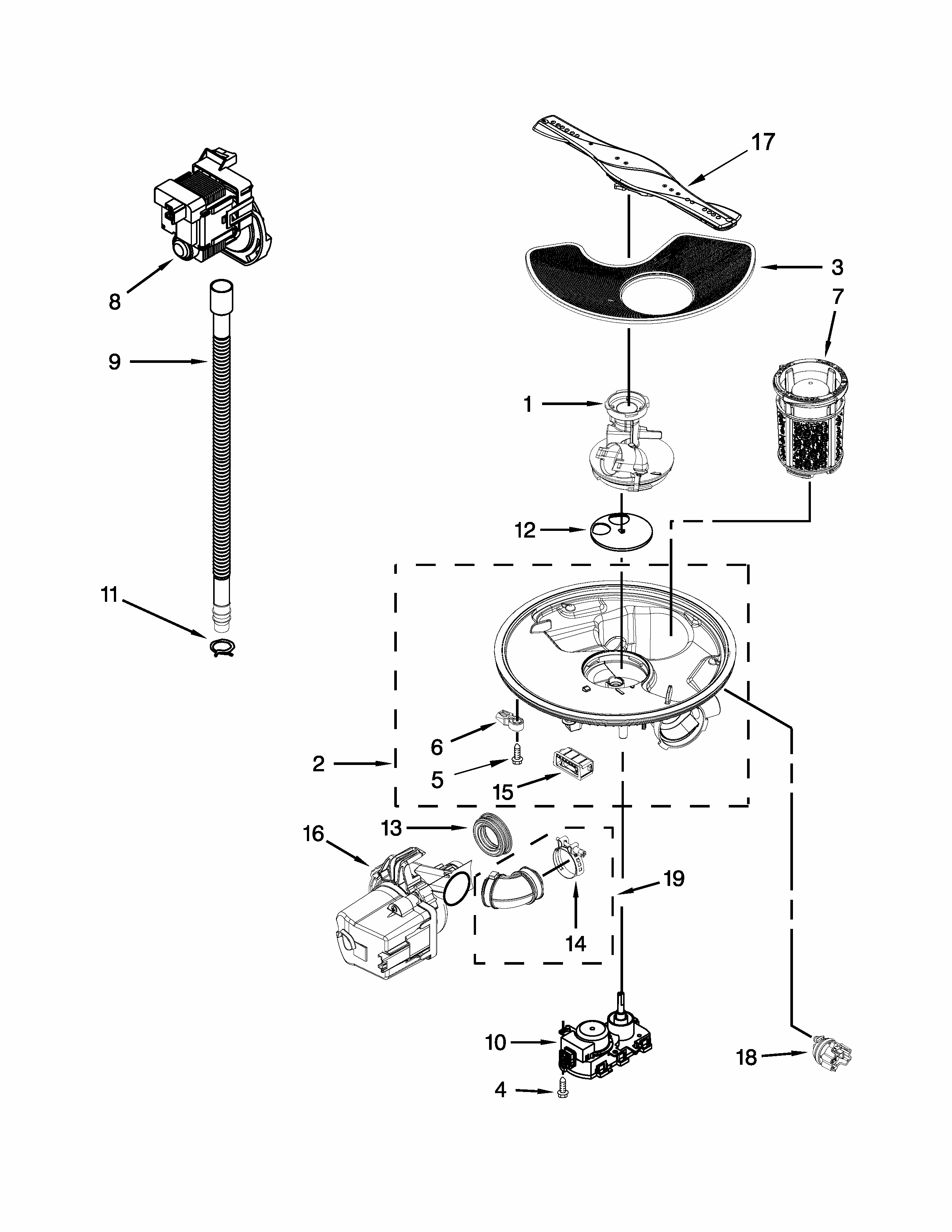 Pump, Washarm And Motor Parts Diagram and Parts List for 66513093N410  Kenmore Dishwasher