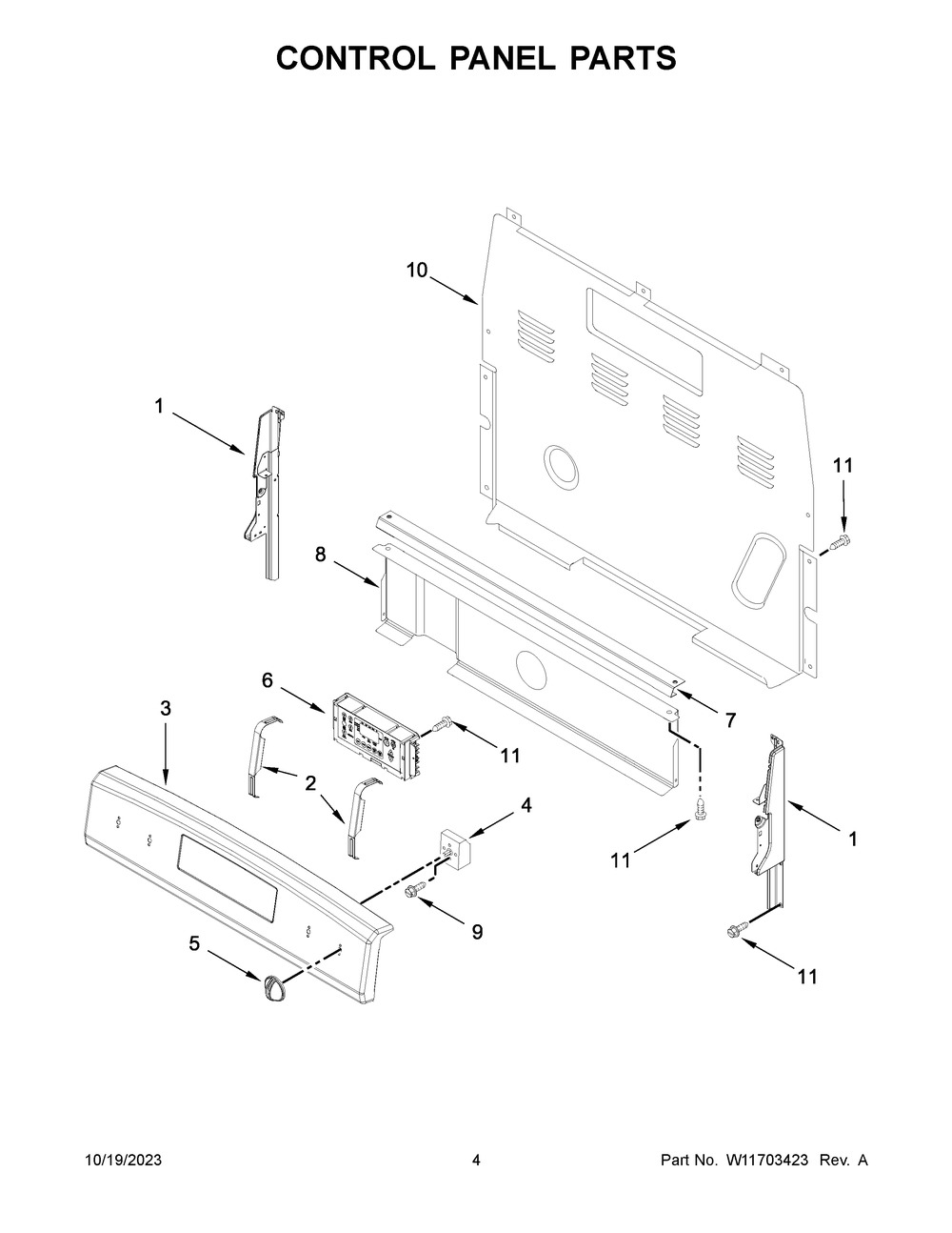 Control Panel Parts Diagram and Parts List for WFE515S0JB4  Whirlpool Range