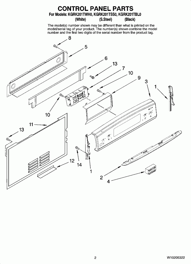 CONTROL PANEL PARTS Diagram and Parts List for KGRK201TBL0  KitchenAid Range