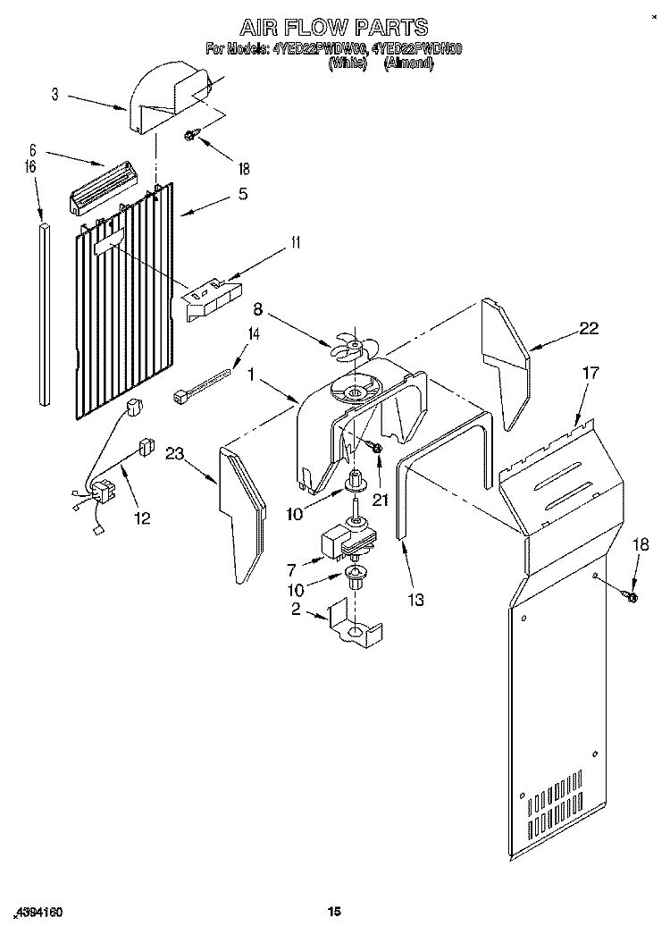 AIR FLOW Diagram and Parts List for 4YED22PWDW00  Whirlpool Refrigerator