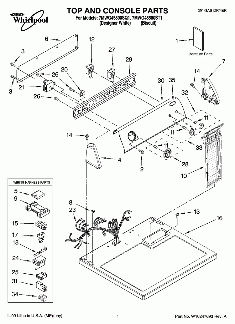 TOP AND CONSOLE PARTS Diagram and Parts List for 7MWG45500ST1  Whirlpool Dryer
