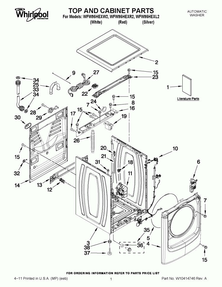 TOP AND CABINET PARTS Diagram and Parts List for WFW95HEXR2  Whirlpool Washer