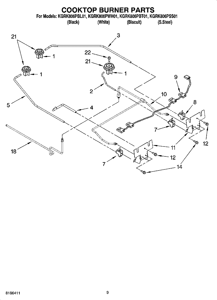 COOKTOP BURNER PARTS Diagram and Parts List for KGRK806PBT01  KitchenAid Range
