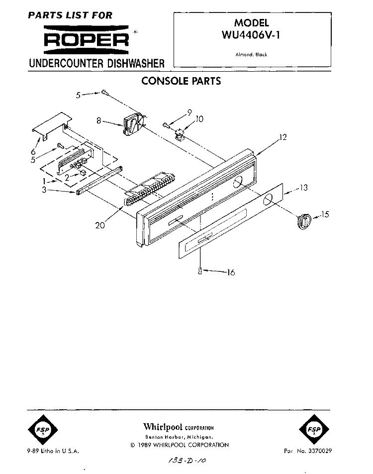 CONSOLE Diagram and Parts List for WU4406V1  Roper Dishwasher