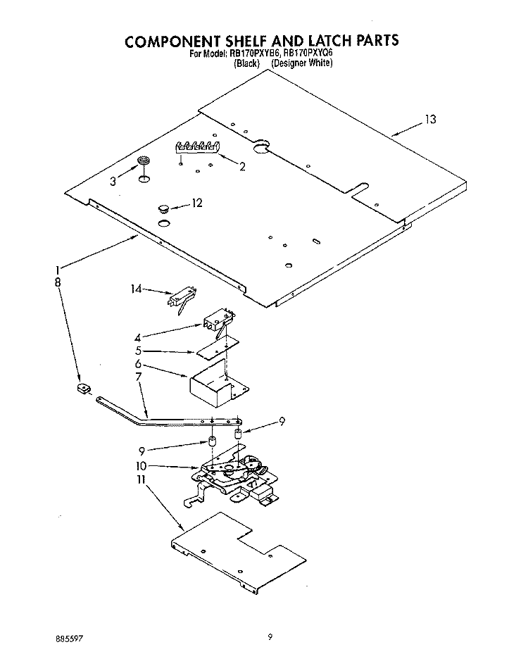 COMPONENT SHELF AND LATCH Diagram and Parts List for RB170PXYB6  Whirlpool Wall Oven