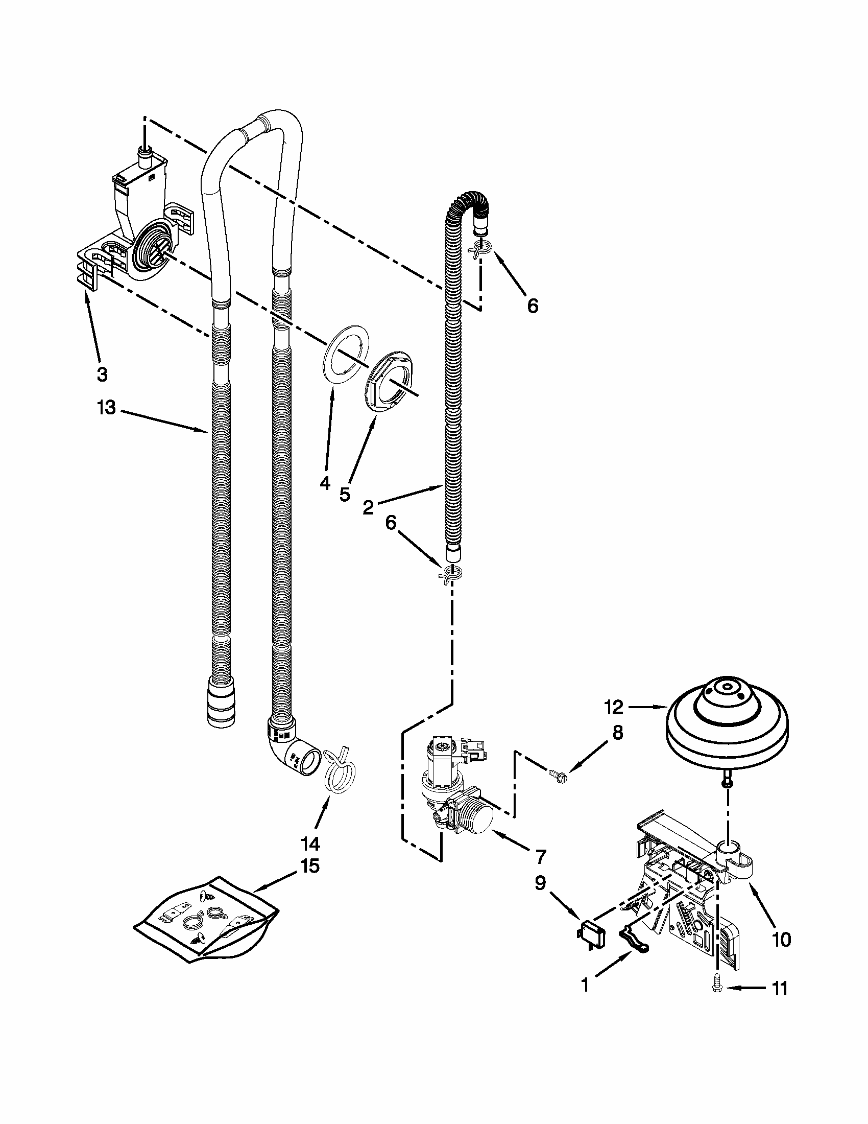 Fill, Drain And Overfill Parts Diagram and Parts List for 66515119K213  Kenmore Dishwasher