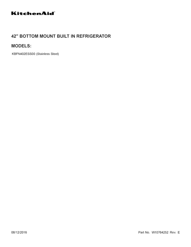 Cover Sheet Diagram and Parts List for KBFN402ESS00  KitchenAid Refrigerator