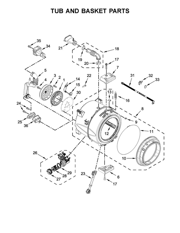 Tub And Basket Parts Diagram and Parts List for 7MWFW75HEFW1  Whirlpool Washer