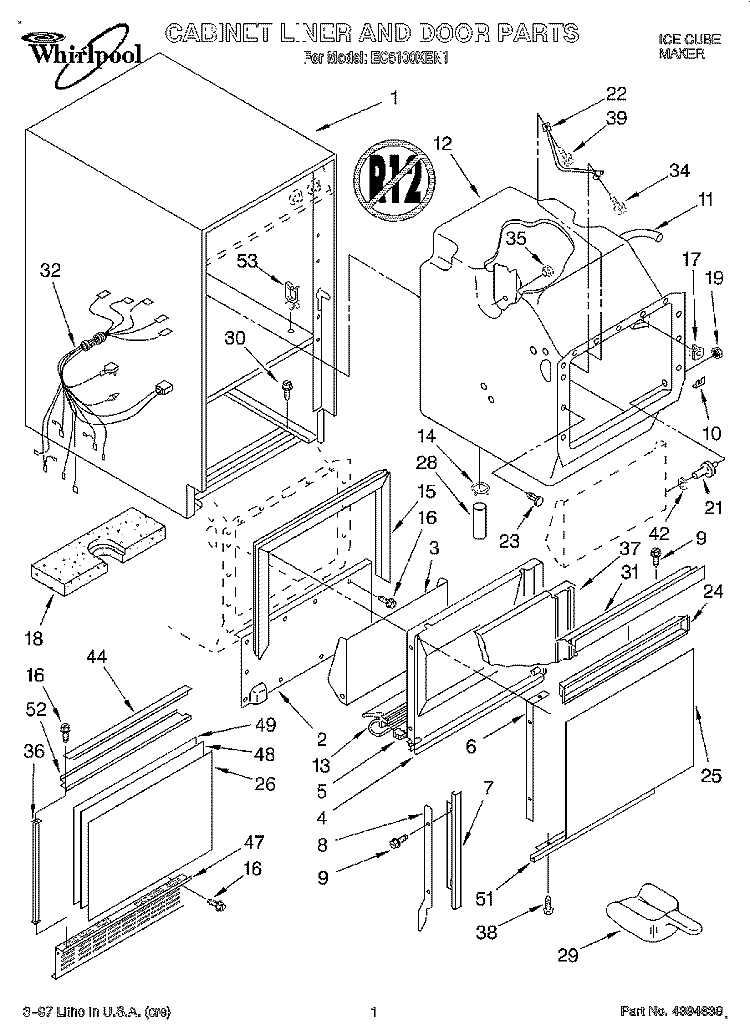 CABINET LINER AND DOOR Diagram and Parts List for EC5100XEN1  Whirlpool Ice Maker