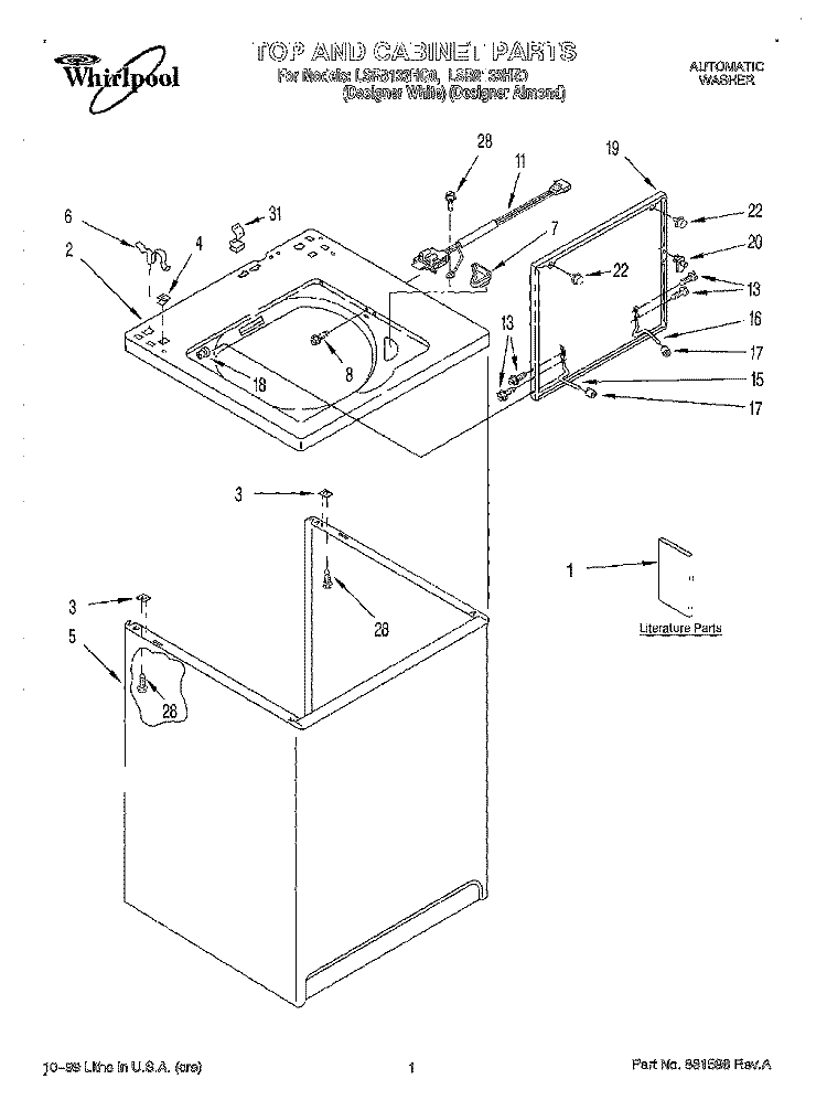 TOP AND CABINET, LITERATURE Diagram and Parts List for LSR8133HZ0  Whirlpool Washer