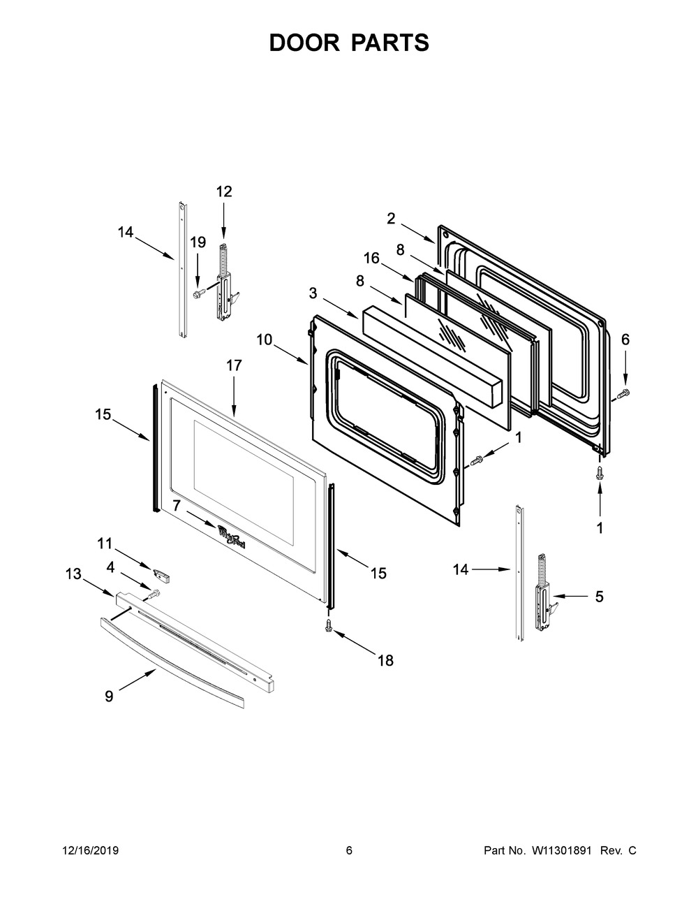 Door Parts Diagram and Parts List for WEE510S0FS2  Whirlpool Range