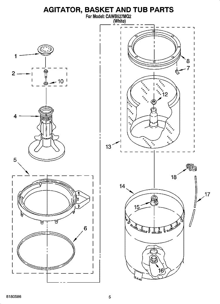 AGITATOR, BASKET AND TUB PARTS Diagram and Parts List for CAWB527MQ2  Crosley Washer