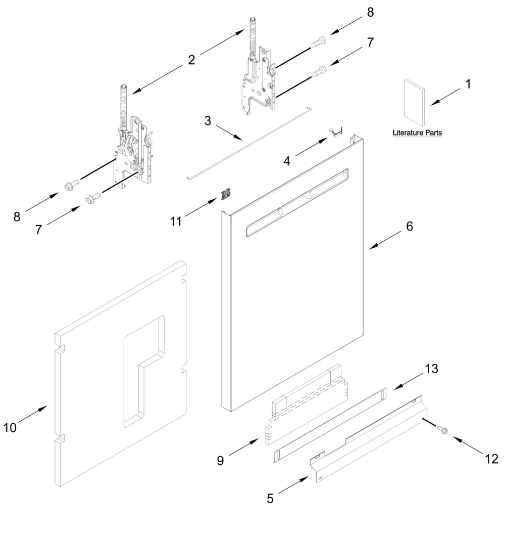 Door And Panel Parts Diagram and Parts List for MDPS7024SW0 MDPS7024SZ0-MDPS7024SB0 Whirlpool Dishwasher