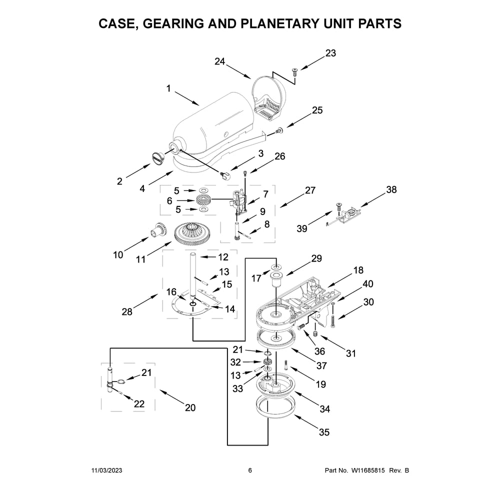 Case, Gearing And Planetary Unit Parts Diagram and Parts List for 5KSM175PSBBK5  KitchenAid Mixer