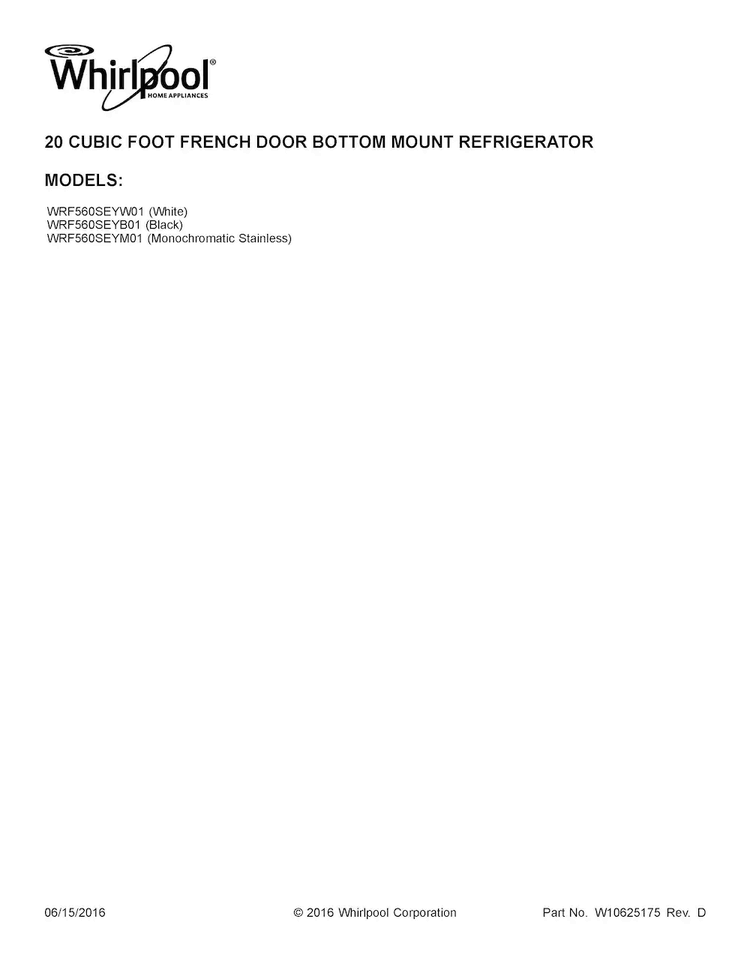 Cover Sheet Diagram and Parts List for WRF560SEYW01  Whirlpool Refrigerator