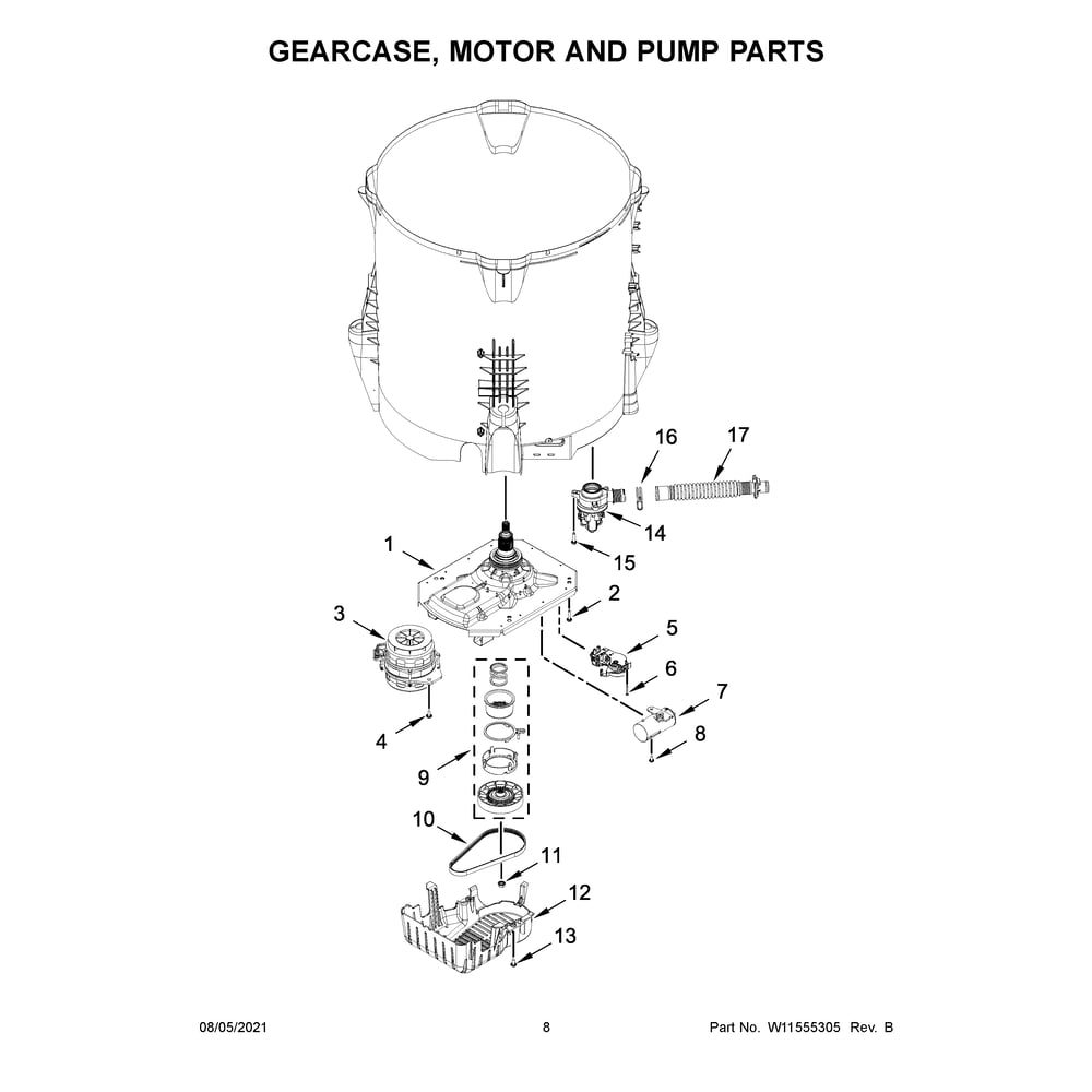 Gearcase, Motor And Pump Parts Diagram and Parts List for WTW5010LW0  Whirlpool Washer