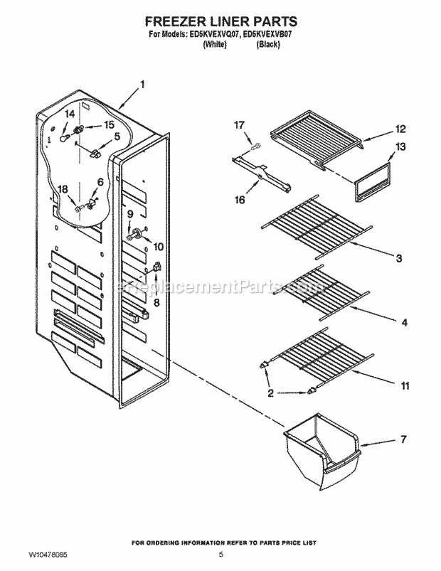 Freezer Liner Parts Diagram and Parts List for ED5KVEXVB07  Whirlpool Refrigerator