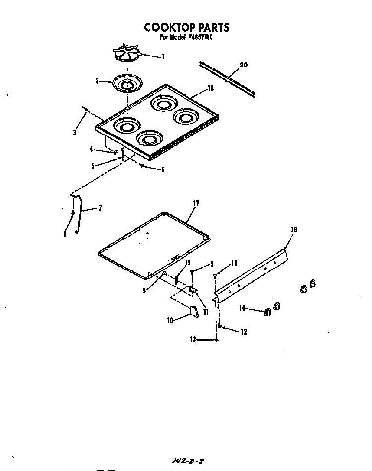 Cooktop Diagram and Parts List for F4857*0  Roper Range