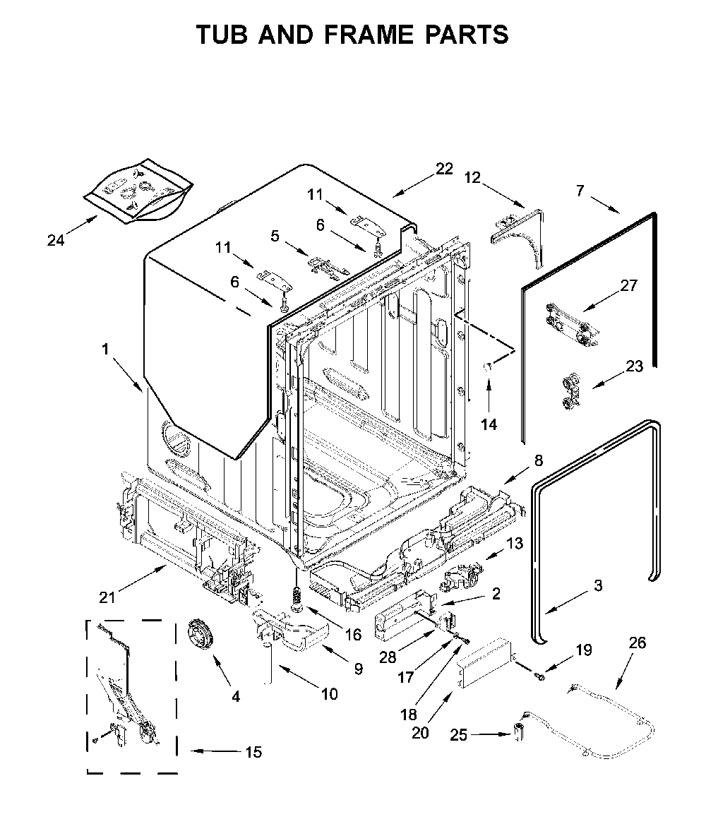 Tub and frame parts Diagram and Parts List for WDT750SAKB0  Whirlpool Dishwasher