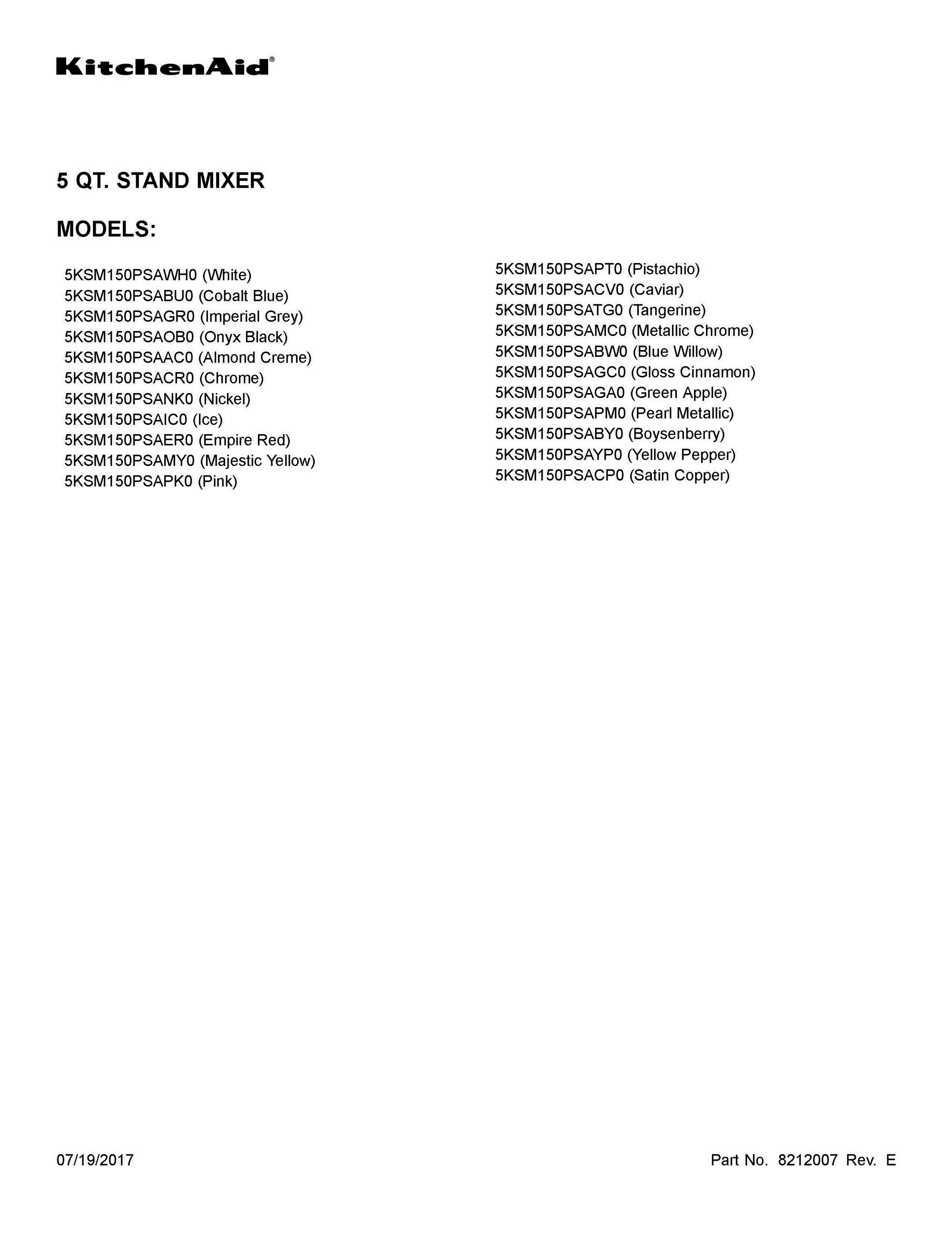 01 - COVER SHEET Diagram and Parts List for 5KSM150PSACP0  Whirlpool Mixer