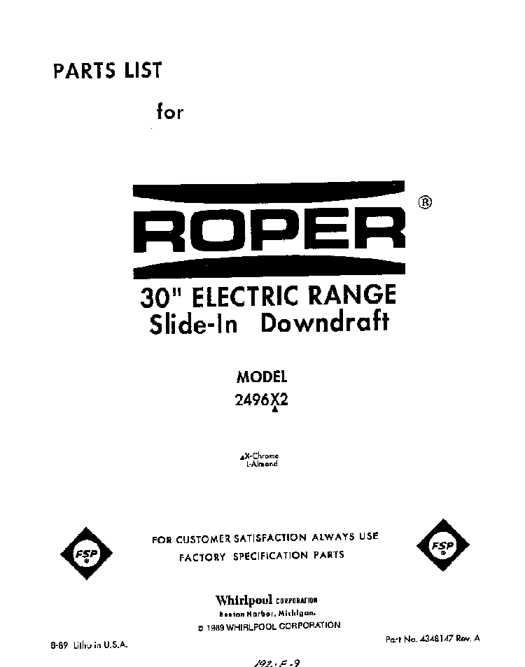 Front Cover Diagram and Parts List for 2496*2  Roper Range