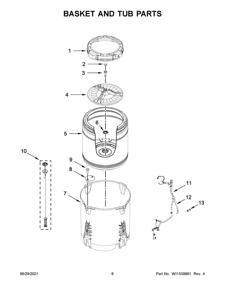 Basket And Tub Parts Diagram and Parts List for 11031312022  Kenmore Washer