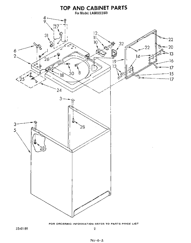 TOP AND CABINET , LITERATURE AND OPTIONAL Diagram and Parts List for LA6058XSW0  Whirlpool Washer