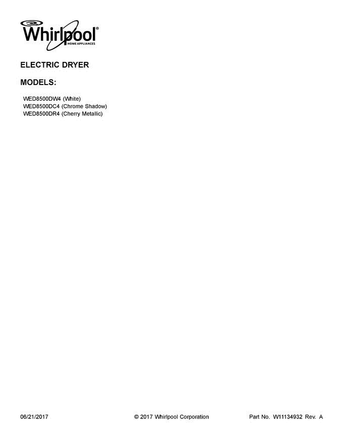 01 - Cover Sheet Diagram and Parts List for WED8500DC4  Whirlpool Dryer
