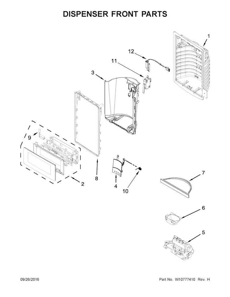 Dispenser Front Parts Diagram and Parts List for KRMF606ESS00  KitchenAid Refrigerator