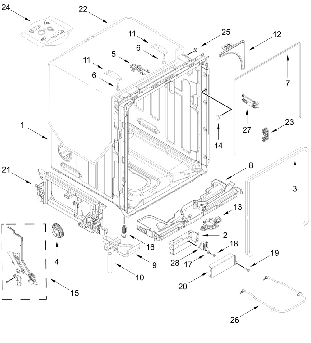 Tub And Frame Parts Diagram and Parts List for WDTA50SAKZ4  Whirlpool Dishwasher