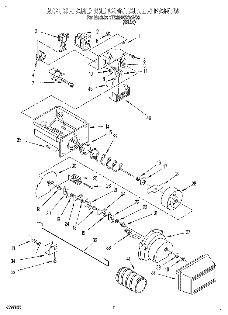 MOTOR AND ICE CONTAINER Diagram and Parts List for 7TS22AQXGW00  Whirlpool Refrigerator