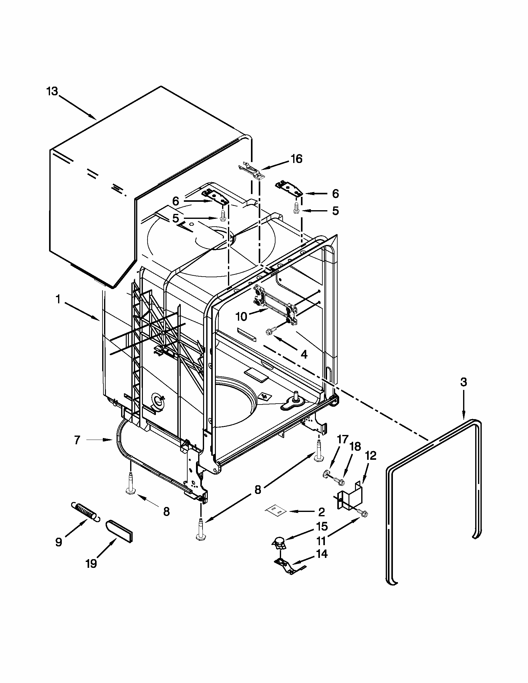 Tub And Frame Parts Diagram and Parts List for 66513283K116  Kenmore Dishwasher
