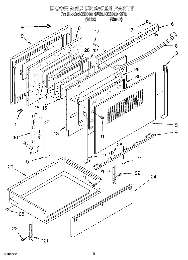 DOOR AND DRAWER Diagram and Parts List for KERC601HWH3  KitchenAid Range