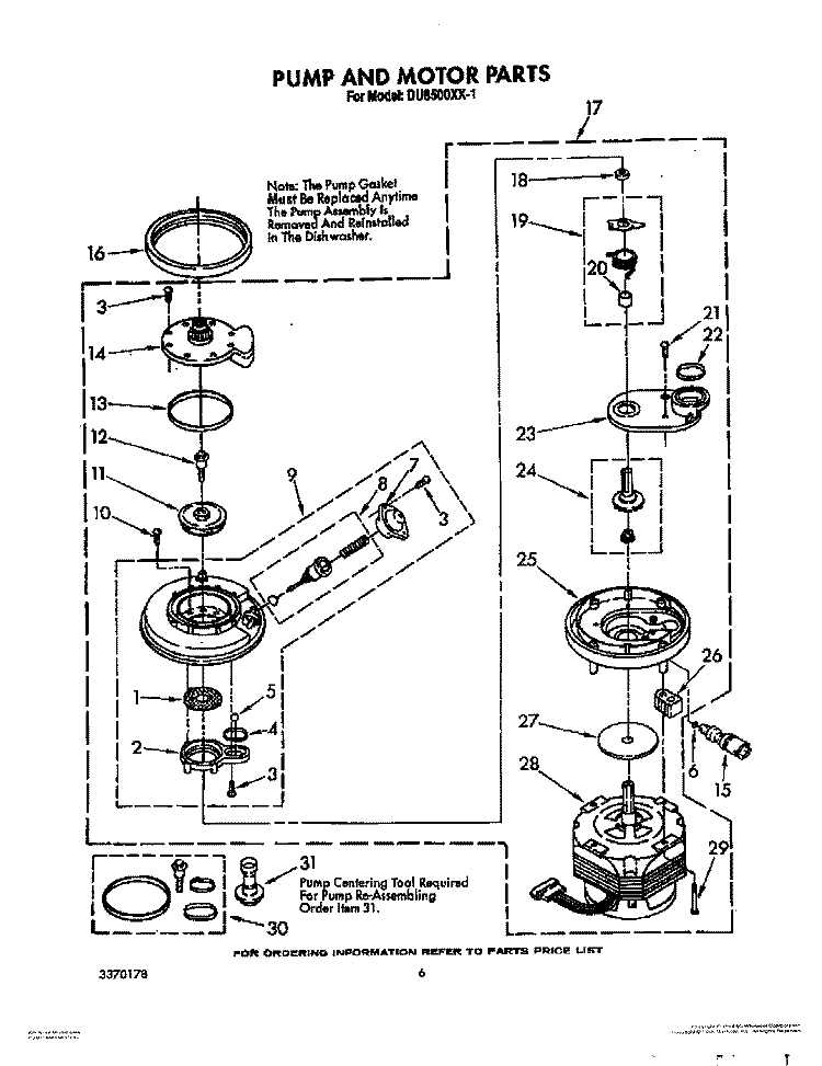 PUMP AND MOTOR Diagram and Parts List for DU8500XX1  Whirlpool Dishwasher